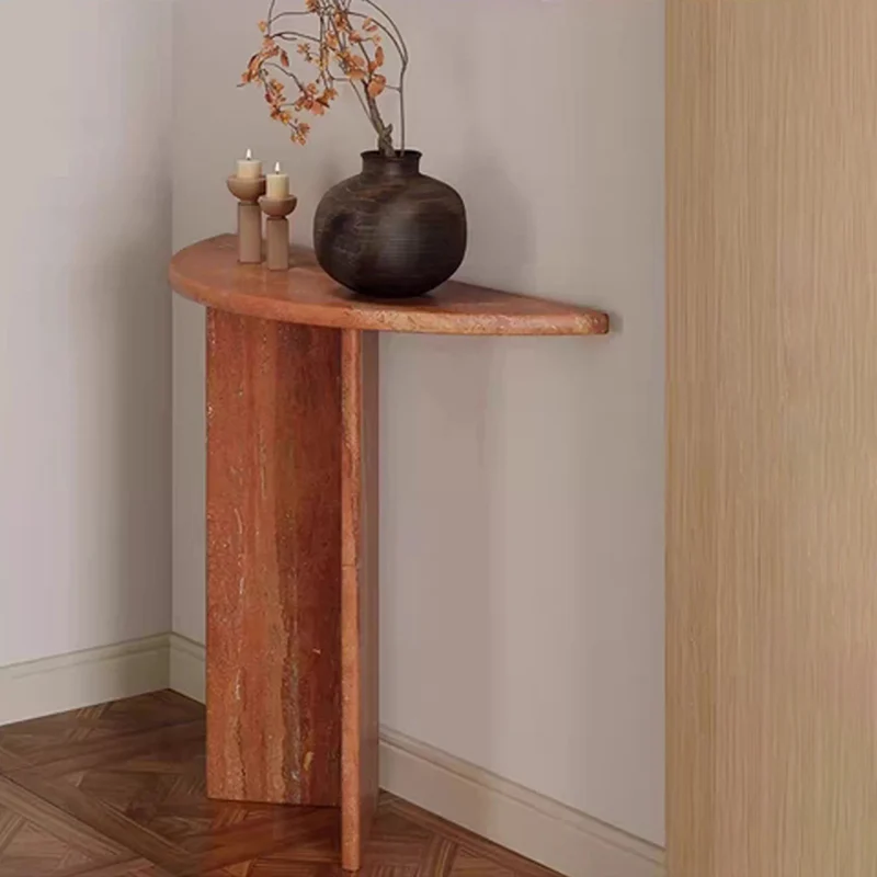 Modern Minimalist Natural Travertine Half Moon Console Table Against The Wall Space-saving For Living Room Entryway