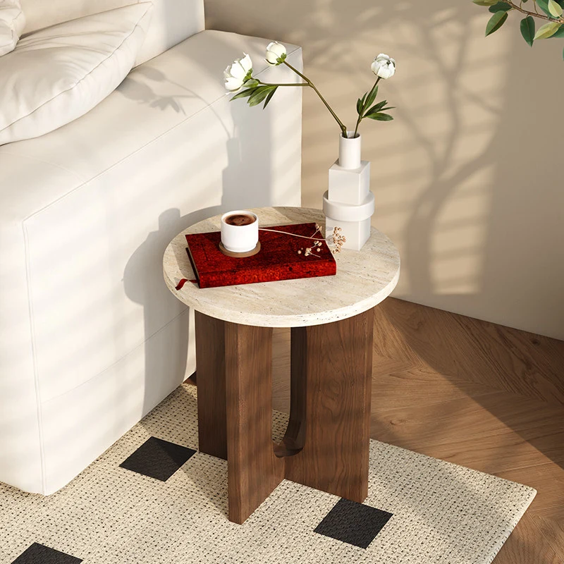 Contemporary Nordic Natural Travertine Pine Wood Round Side Table For Living Room