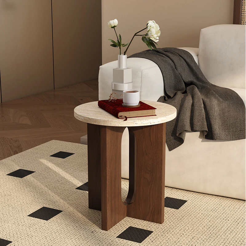 Contemporary Nordic Natural Travertine Pine Wood Round Side Table For Living Room