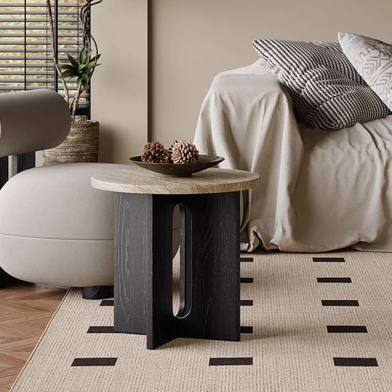 Contemporary Nordic Natural Travertine Pine Wood Round Side Table For Living Room
