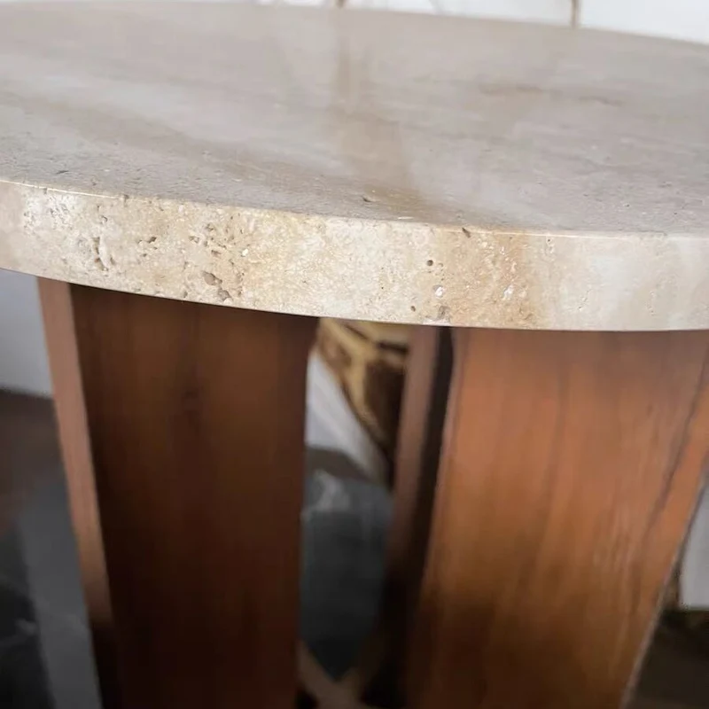 Contemporary Nordic Natural Travertine Pine Wood Round Side Table For Living Room