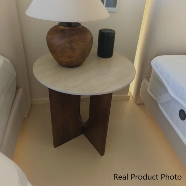 Contemporary Nordic Natural Travertine Pine Wood Round Side Table For Living Room