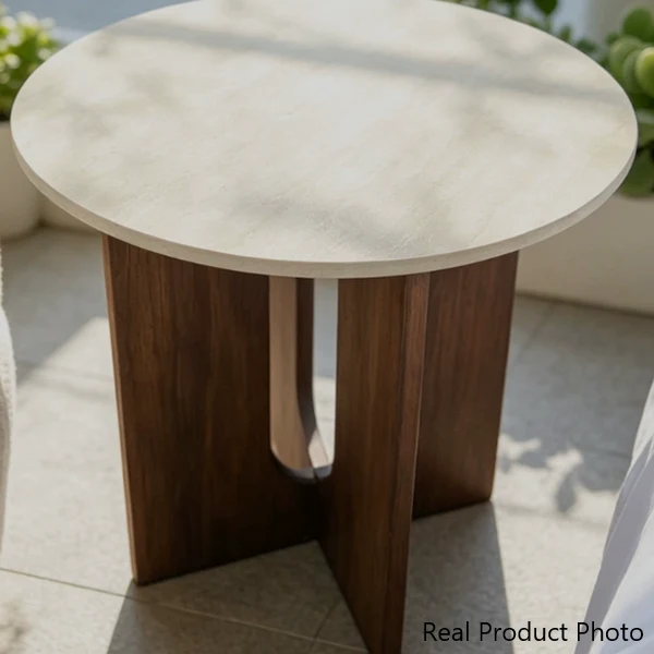 Contemporary Nordic Natural Travertine Pine Wood Round Side Table For Living Room