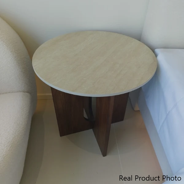 Contemporary Nordic Natural Travertine Pine Wood Round Side Table For Living Room