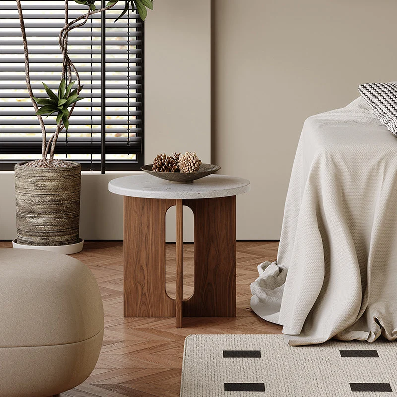 Contemporary Nordic Natural Travertine Pine Wood Round Side Table For Living Room