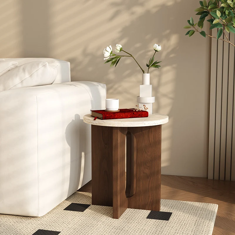 Contemporary Nordic Natural Travertine Pine Wood Round Side Table For Living Room