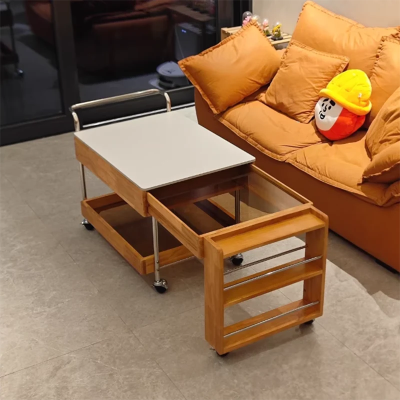 Modern Minimalist Stone Slab Solid Wood Plywood Glass Stainless Steel Rectangular End Table Movable 2-Tier Storage For Living Room