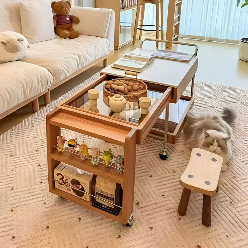 Modern Minimalist Stone Slab Solid Wood Plywood Glass Stainless Steel Rectangular End Table Movable 2-Tier Storage For Living Room