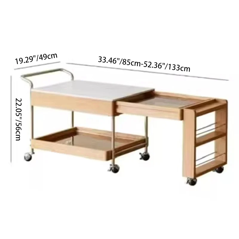 Modern Minimalist Stone Slab Solid Wood Plywood Glass Stainless Steel Rectangular End Table Movable 2-Tier Storage For Living Room