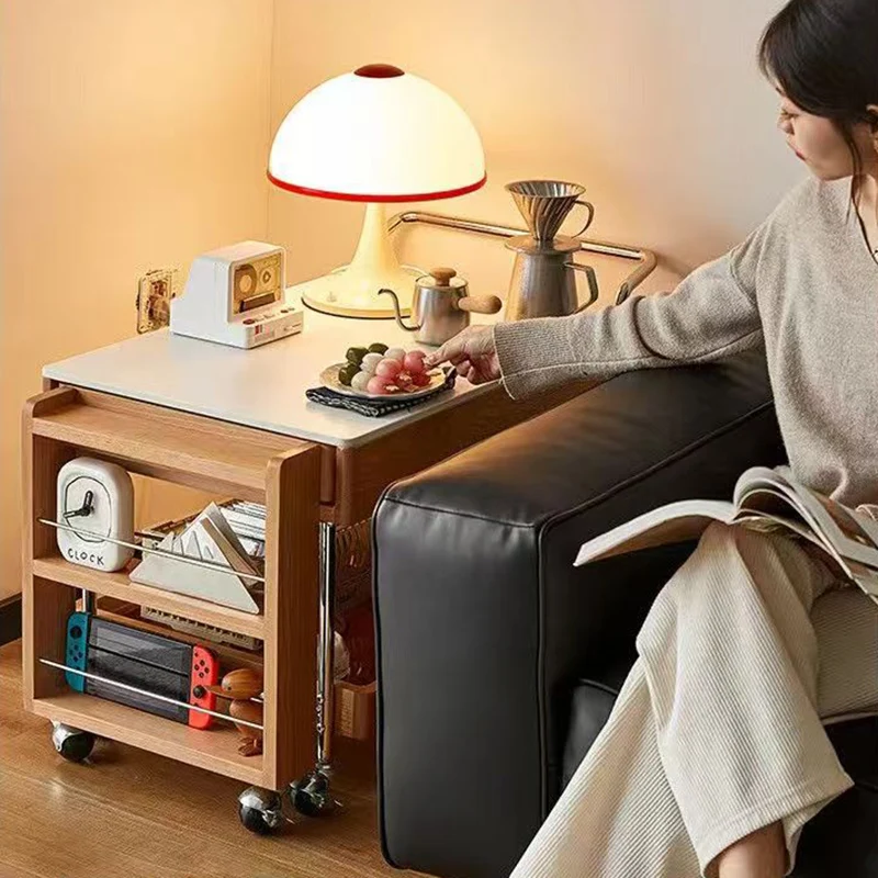 Modern Minimalist Stone Slab Solid Wood Plywood Glass Stainless Steel Rectangular End Table Movable 2-Tier Storage For Living Room