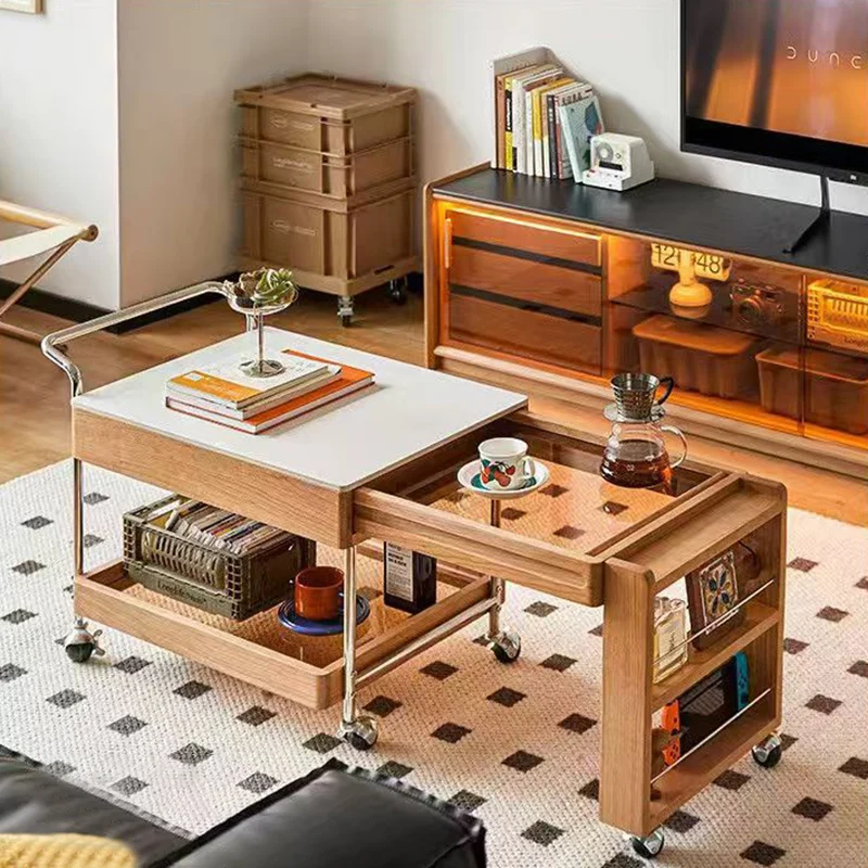 Modern Minimalist Stone Slab Solid Wood Plywood Glass Stainless Steel Rectangular End Table Movable 2-Tier Storage For Living Room