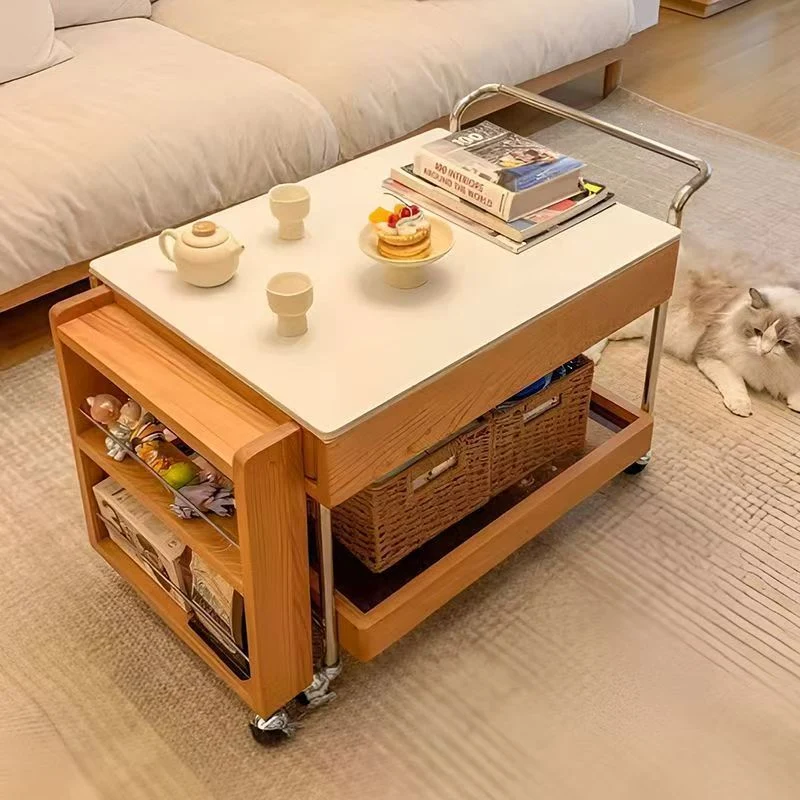 Modern Minimalist Stone Slab Solid Wood Plywood Glass Stainless Steel Rectangular End Table Movable 2-Tier Storage For Living Room