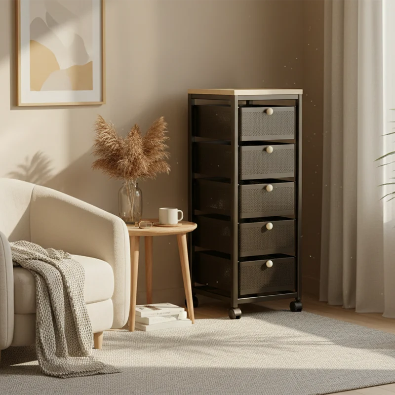 Modern Minimalist MDF Carbon Steel End Table 4/5-Drawer Movable Space-Saving Organizer For Living Room