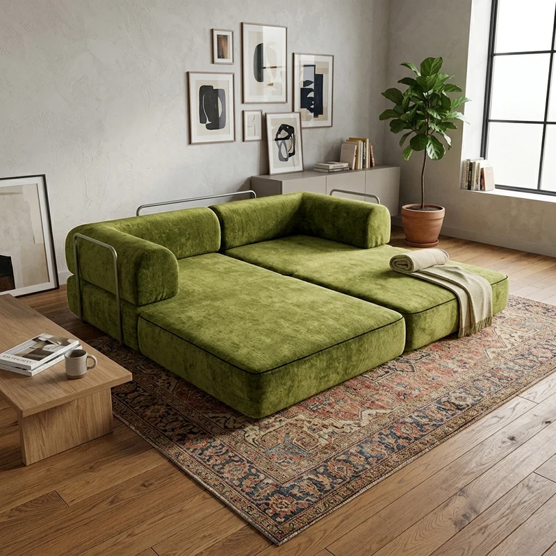 Modern Chenille Convertible Sofa Bed - Compression Foldable Couch With High Resilience Foam And Metal Frame For Living Room & Bedroom