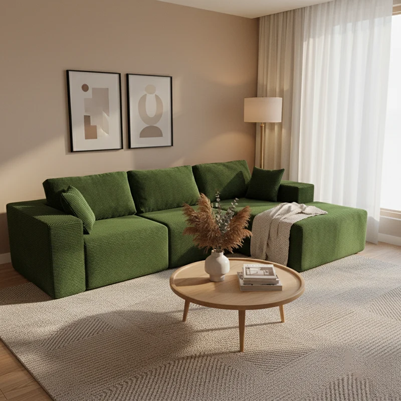 Modern Minimalist Corduroy Compression Sectional Sofa - Frame-Free High Resilience Foam Couch For Living Room