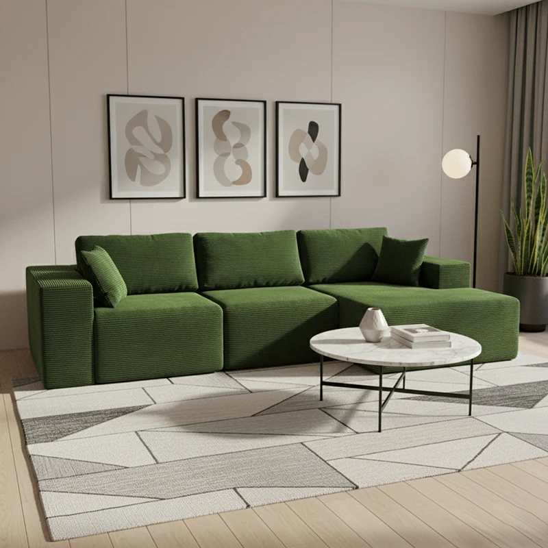 Modern Minimalist Corduroy Compression Sectional Sofa - Frame-Free High Resilience Foam Couch For Living Room