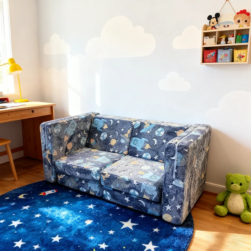Contemporary Creative Rectangular Kids Sofa: Two-Seater Compressible - Comfortable Upholstered Backrest Armrest Sofa For Living Room