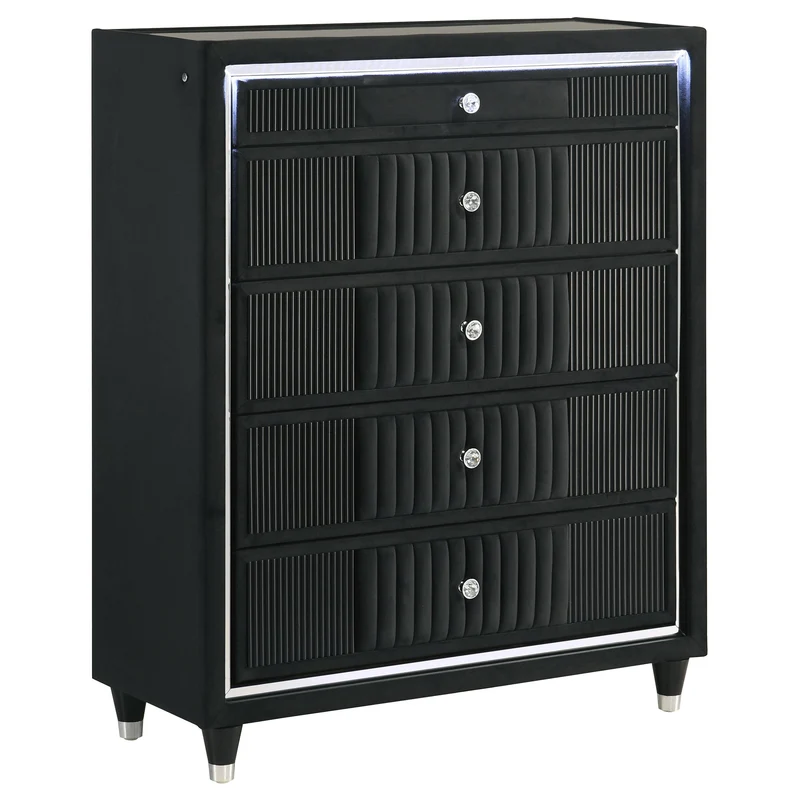 Coaster Furniture Ravenne 223195 5-drawer Velvet Upholstered LED Chest - Black