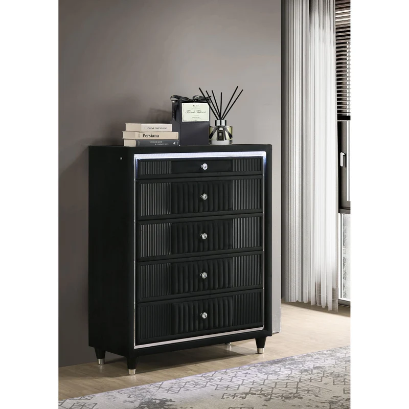 Coaster Furniture Ravenne 223195 5-drawer Velvet Upholstered LED Chest - Black