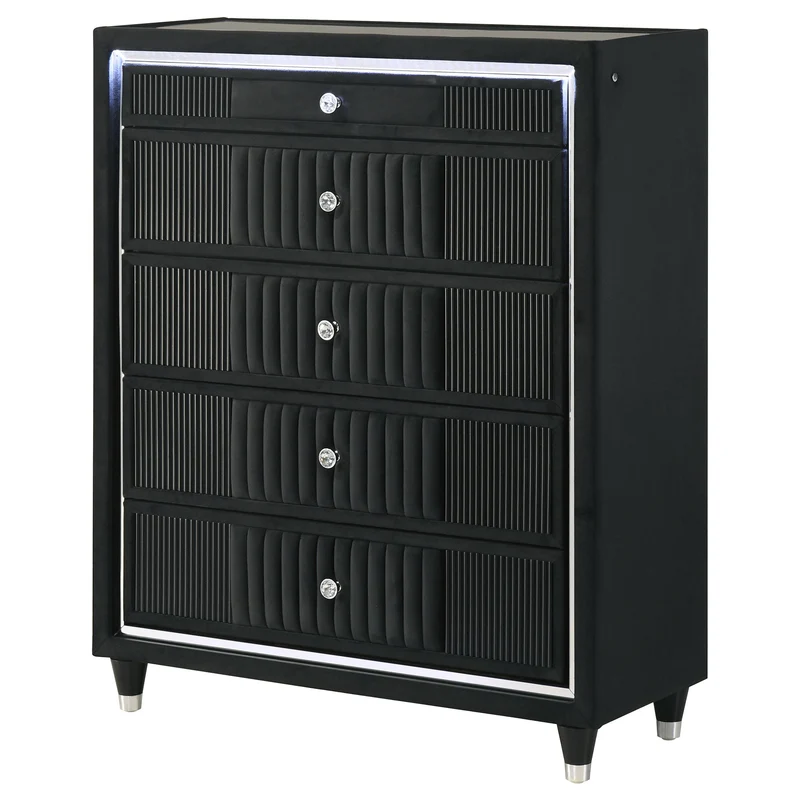 Coaster Furniture Ravenne 223195 5-drawer Velvet Upholstered LED Chest - Black