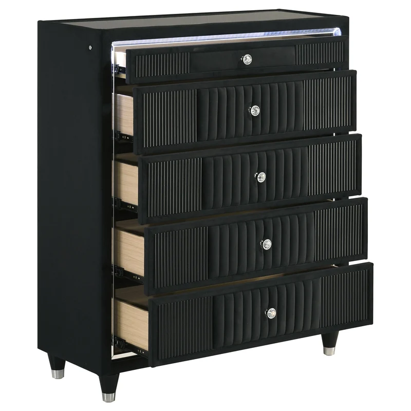 Coaster Furniture Ravenne 223195 5-drawer Velvet Upholstered LED Chest - Black