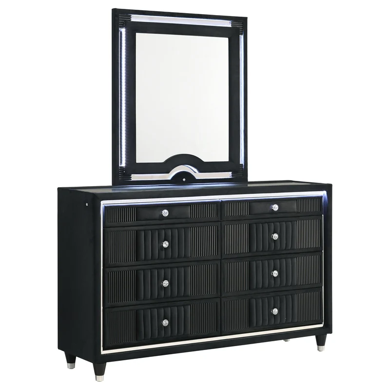 Coaster Furniture Ravenne 223193M 8-drawer Velvet Upholstered LED Dresser and Mirror - Black