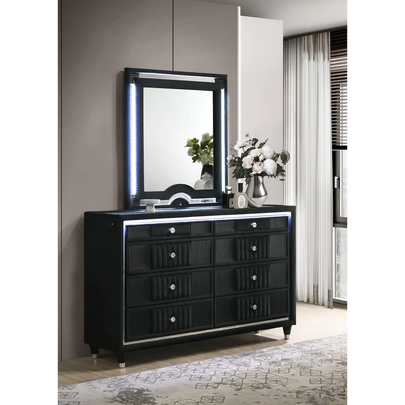 Coaster Furniture Ravenne 223193M 8-drawer Velvet Upholstered LED Dresser and Mirror - Black
