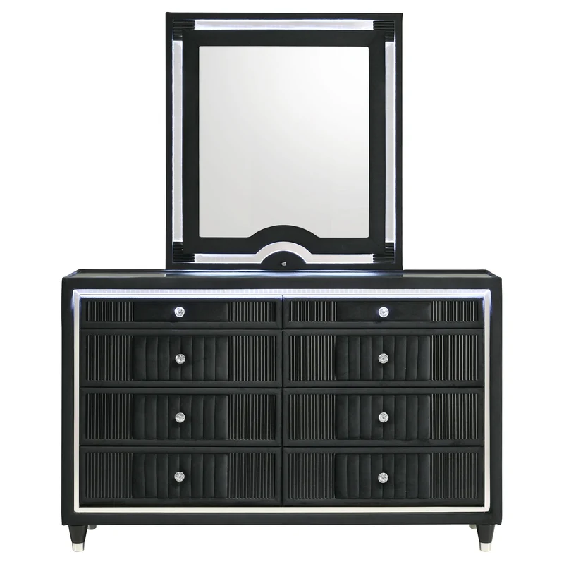 Coaster Furniture Ravenne 223193M 8-drawer Velvet Upholstered LED Dresser and Mirror - Black