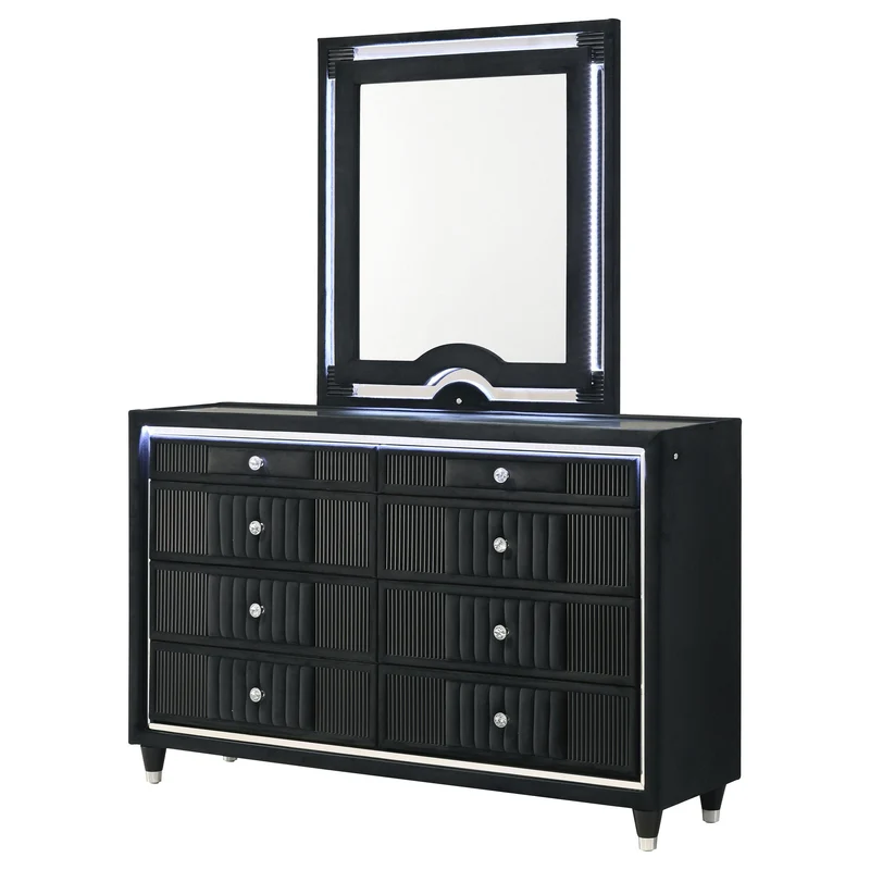 Coaster Furniture Ravenne 223193M 8-drawer Velvet Upholstered LED Dresser and Mirror - Black