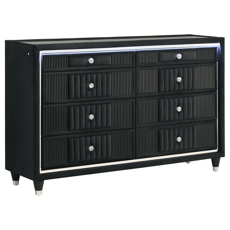 Coaster Furniture Ravenne 223193 8-drawer Velvet Upholstered LED Dresser Cabinet - Black