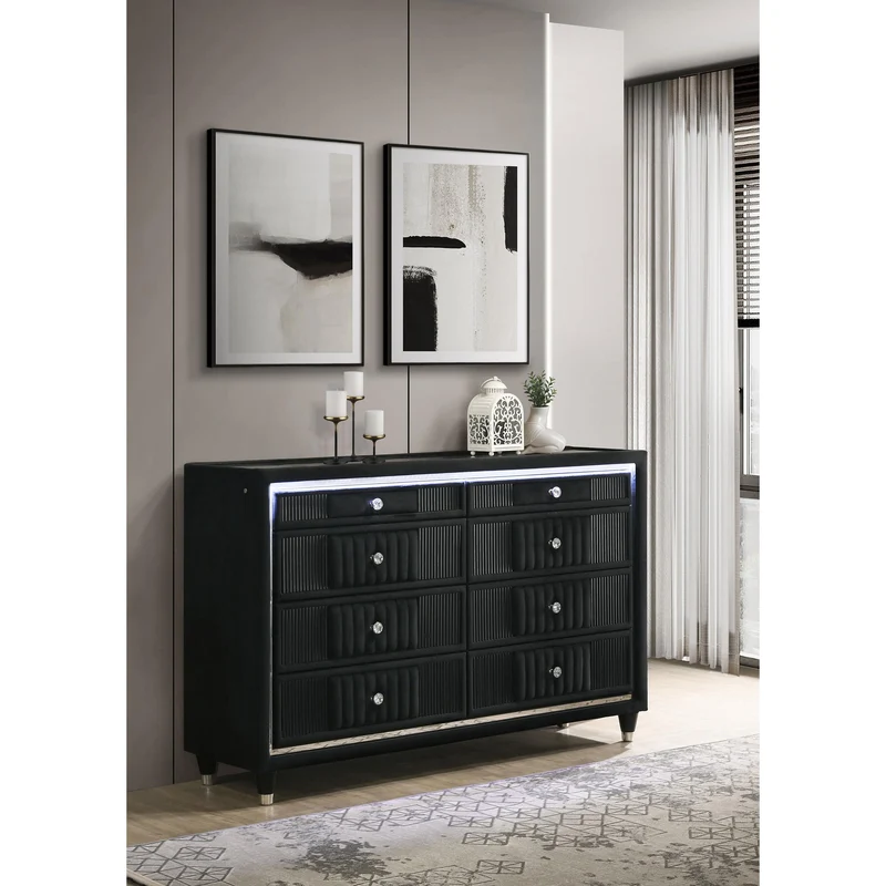 Coaster Furniture Ravenne 223193 8-drawer Velvet Upholstered LED Dresser Cabinet - Black