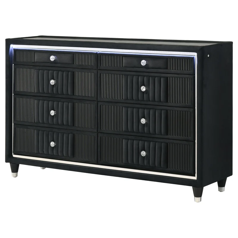 Coaster Furniture Ravenne 223193 8-drawer Velvet Upholstered LED Dresser Cabinet - Black