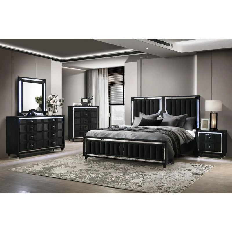 Coaster Furniture Ravenne 223193 8-drawer Velvet Upholstered LED Dresser Cabinet - Black