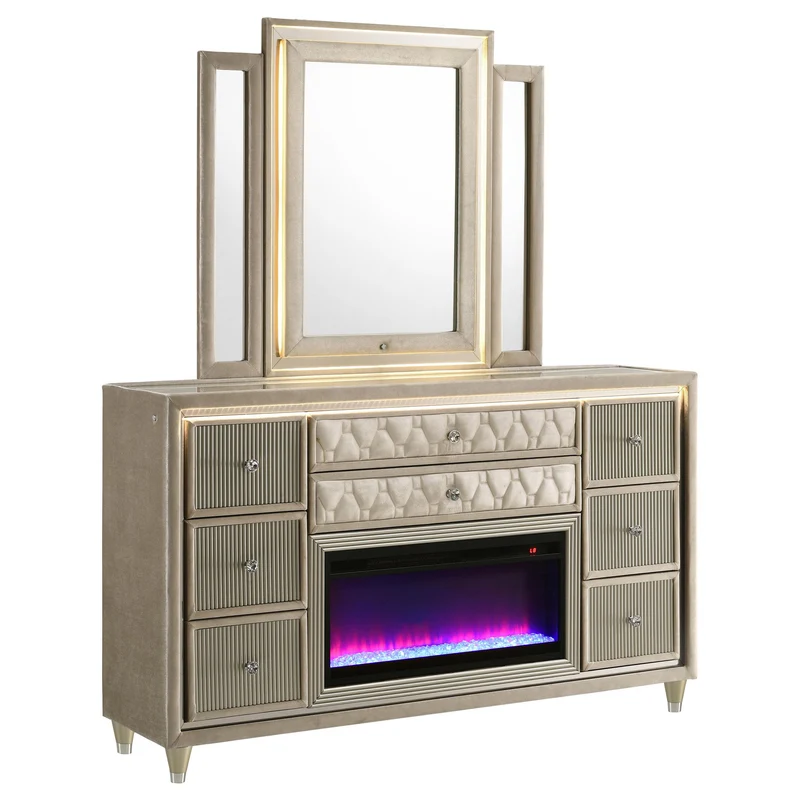 Coaster Furniture Lorient 222663FBM 8-drawer LED Flame Box Dresser and Mirror - Ivory Camel