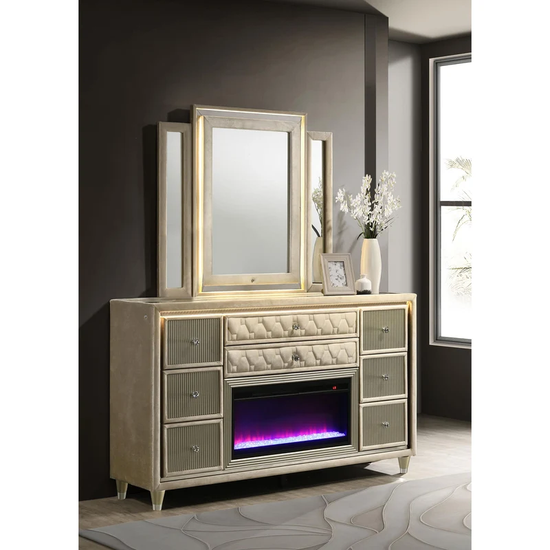 Coaster Furniture Lorient 222663FBM 8-drawer LED Flame Box Dresser and Mirror - Ivory Camel