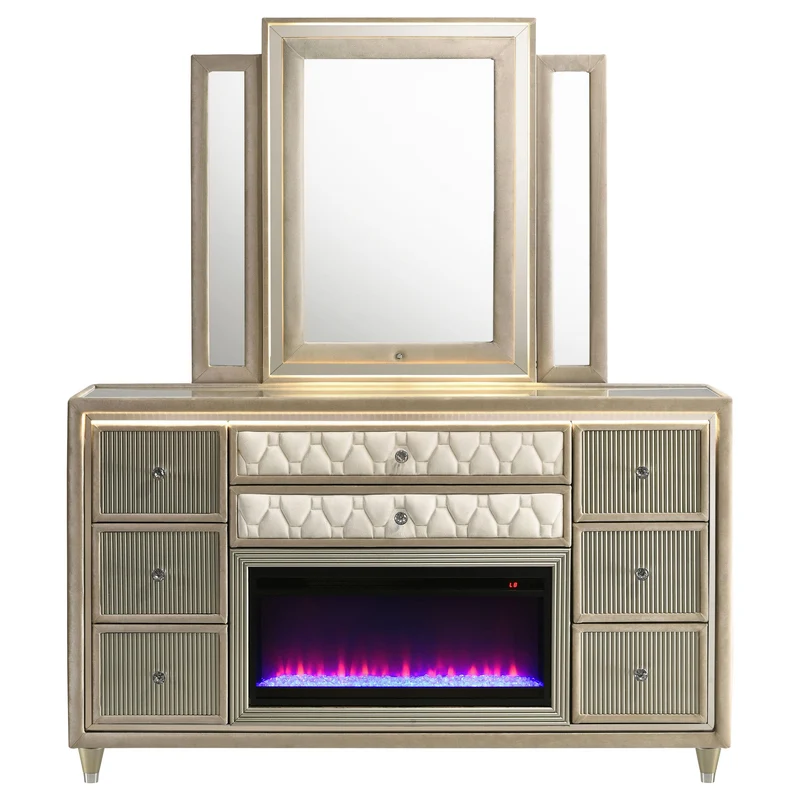 Coaster Furniture Lorient 222663FBM 8-drawer LED Flame Box Dresser and Mirror - Ivory Camel