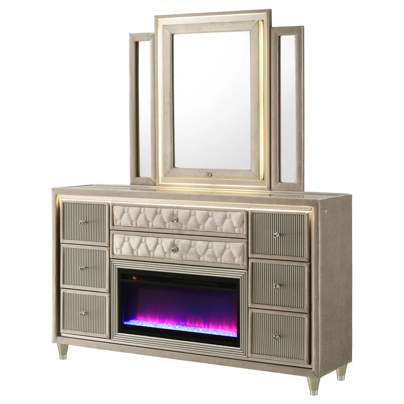 Coaster Furniture Lorient 222663FBM 8-drawer LED Flame Box Dresser and Mirror - Ivory Camel