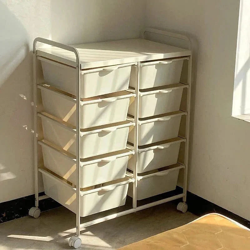 Modern Minimalist PP & Carbon Steel Rectangular Storage Shelf With Drawers, Mobile Organizer For Living Room & Bedroom