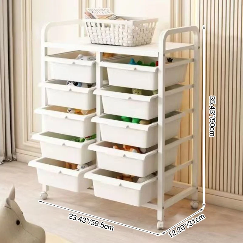 Modern Minimalist PP & Carbon Steel Rectangular Storage Shelf With Drawers, Mobile Organizer For Living Room & Bedroom