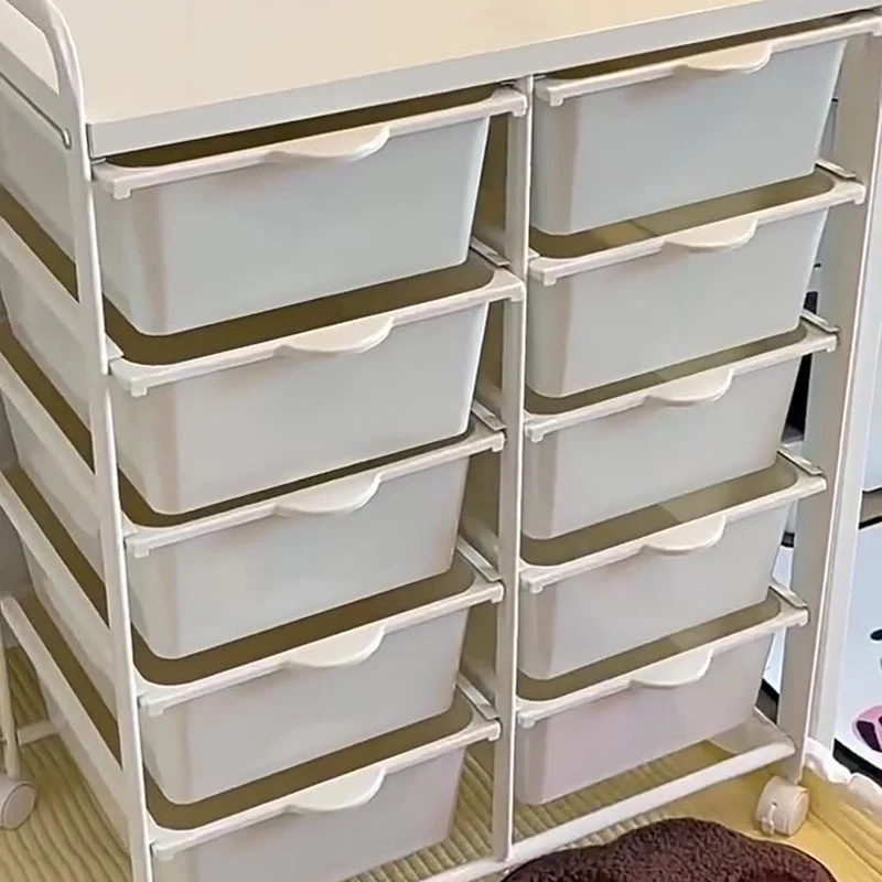 Modern Minimalist PP & Carbon Steel Rectangular Storage Shelf With Drawers, Mobile Organizer For Living Room & Bedroom
