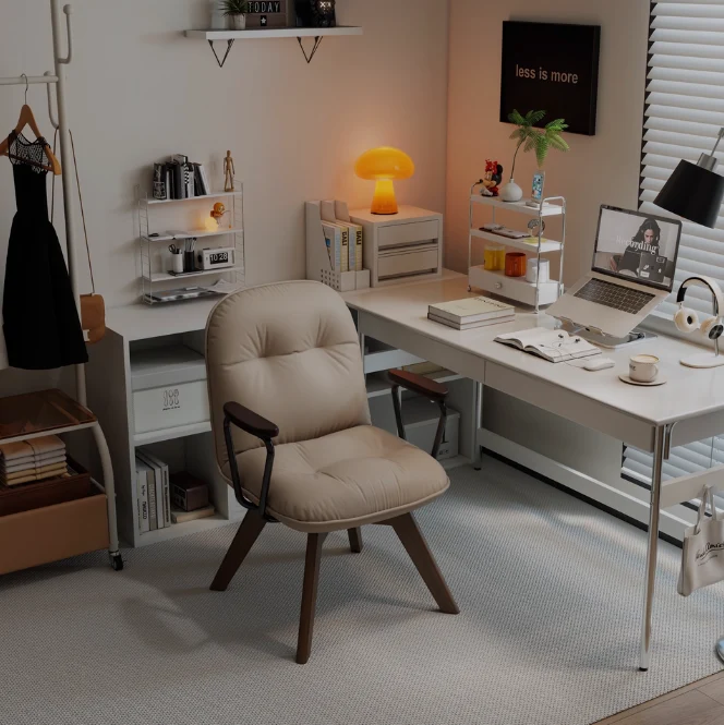 Modern Minimalist Scratch-resistant Leather Solid Wood Plywood Four-Leg Swivel Office Chair - Desk Chair With Armrests & Backrest For Home Office