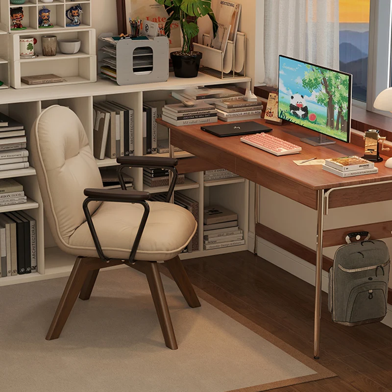 Modern Minimalist Scratch-resistant Leather Solid Wood Plywood Four-Leg Swivel Office Chair - Desk Chair With Armrests & Backrest For Home Office