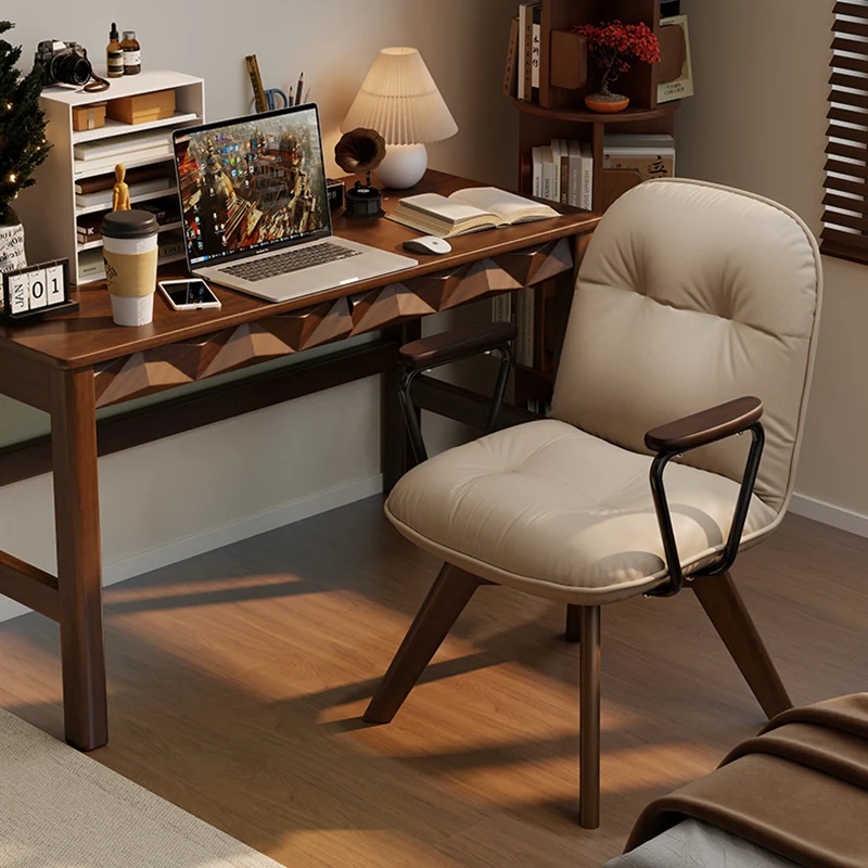 Modern Minimalist Scratch-resistant Leather Solid Wood Plywood Four-Leg Swivel Office Chair - Desk Chair With Armrests & Backrest For Home Office