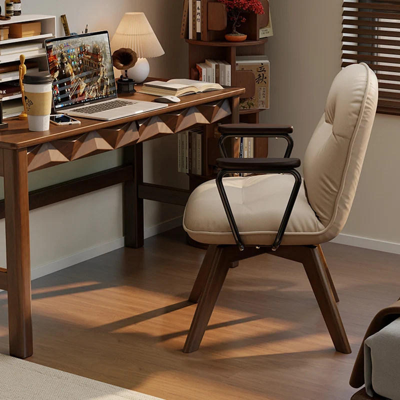Modern Minimalist Scratch-resistant Leather Solid Wood Plywood Four-Leg Swivel Office Chair - Desk Chair With Armrests & Backrest For Home Office