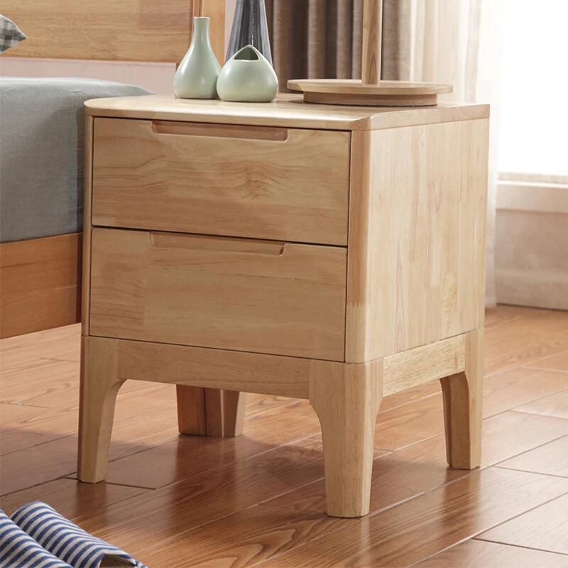 Modern Minimalist Solid Rubberwood Rectangular Nightstand 2-Drawers For Bedroom