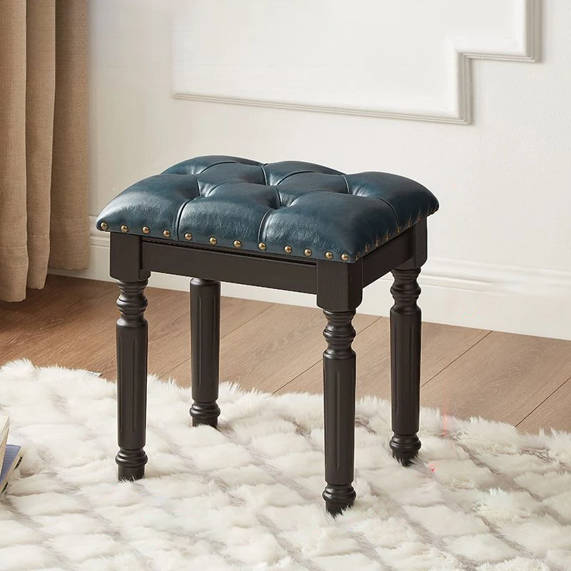 Traditional European Rectangular Ash Wood Fabric Faux Leather Sponge Vanity Stool Backless Armless For Bedroom