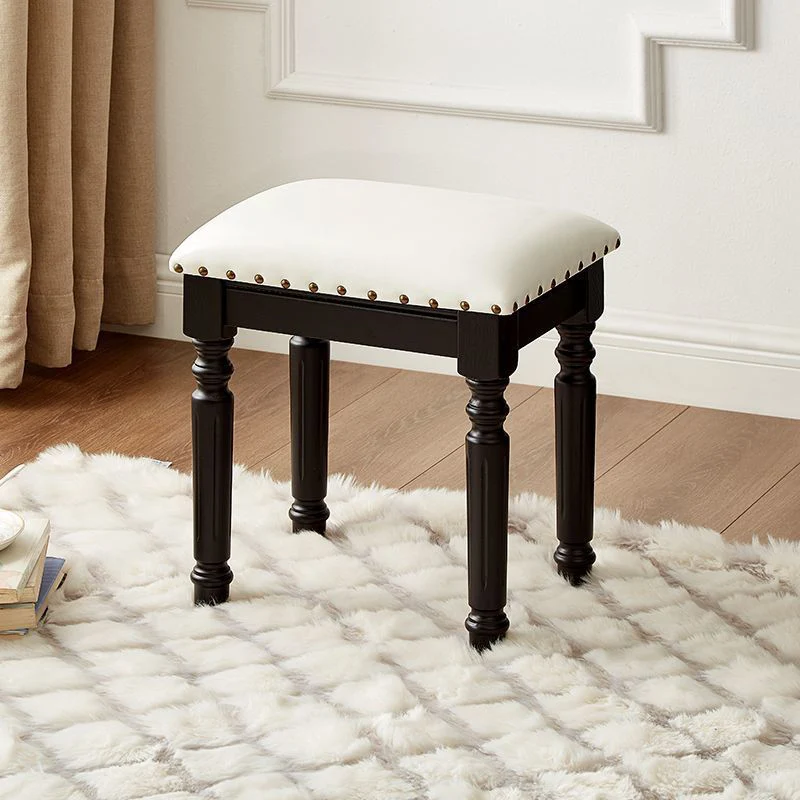 Traditional European Rectangular Ash Wood Fabric Faux Leather Sponge Vanity Stool Backless Armless For Bedroom