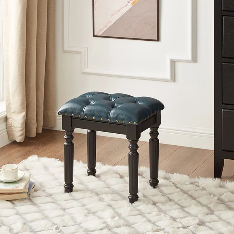 Traditional European Rectangular Ash Wood Fabric Faux Leather Sponge Vanity Stool Backless Armless For Bedroom