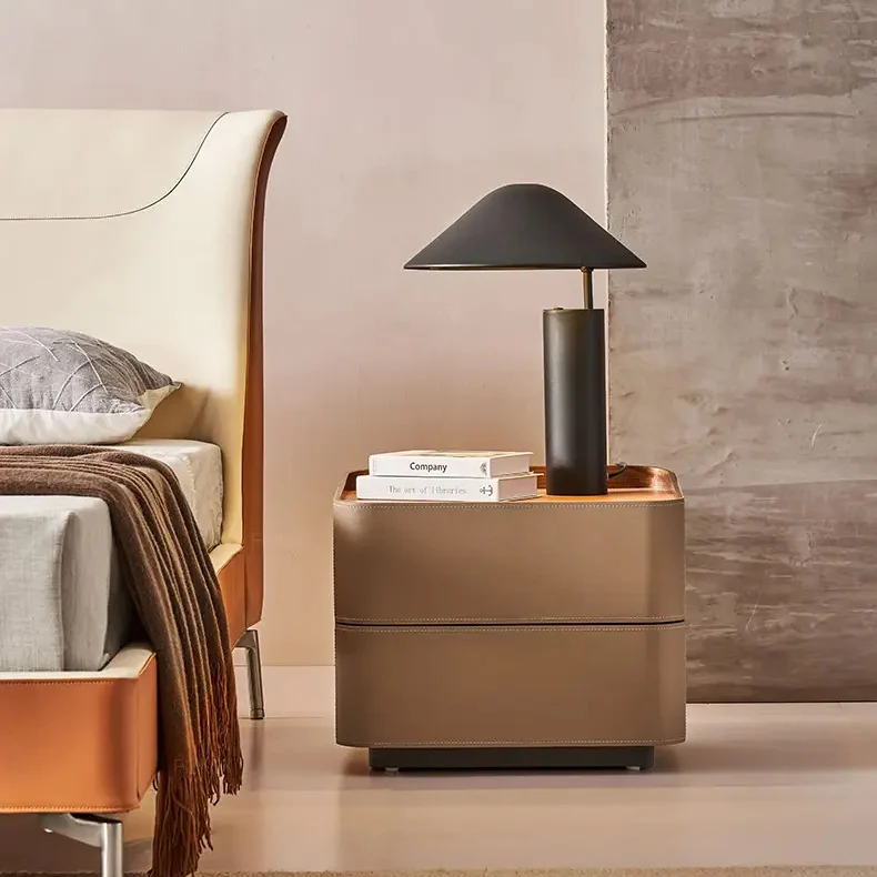Modern Luxury Saddle-Style Faux Leather Solid Wood Rounded Square Nightstand With 2 Drawers For Bedroom