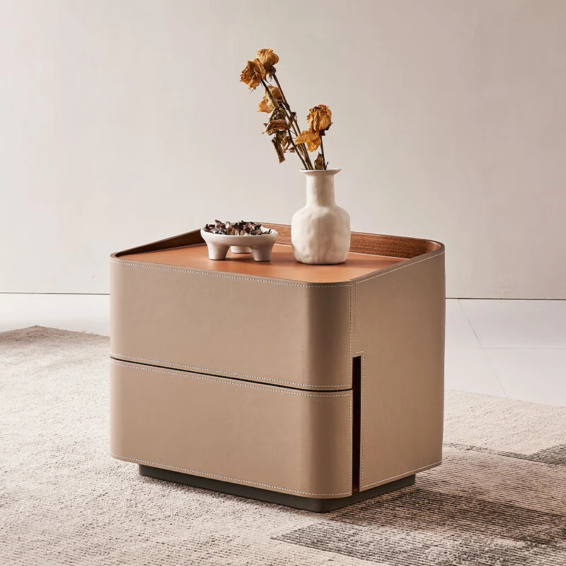 Modern Luxury Saddle-Style Faux Leather Solid Wood Rounded Square Nightstand With 2 Drawers For Bedroom